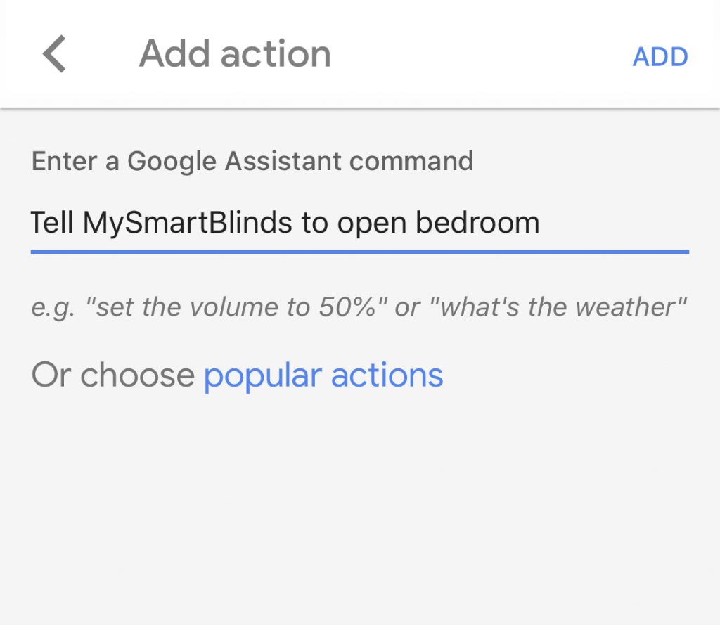 MySmartBlinds routines settings for Google Assistant