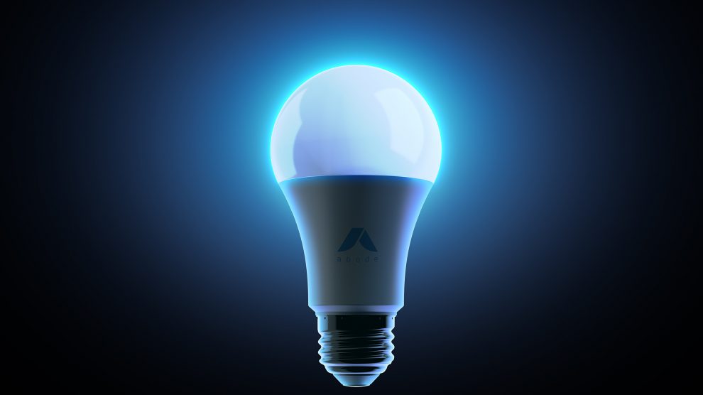 A dramatically framed image of an Abode smart bulb